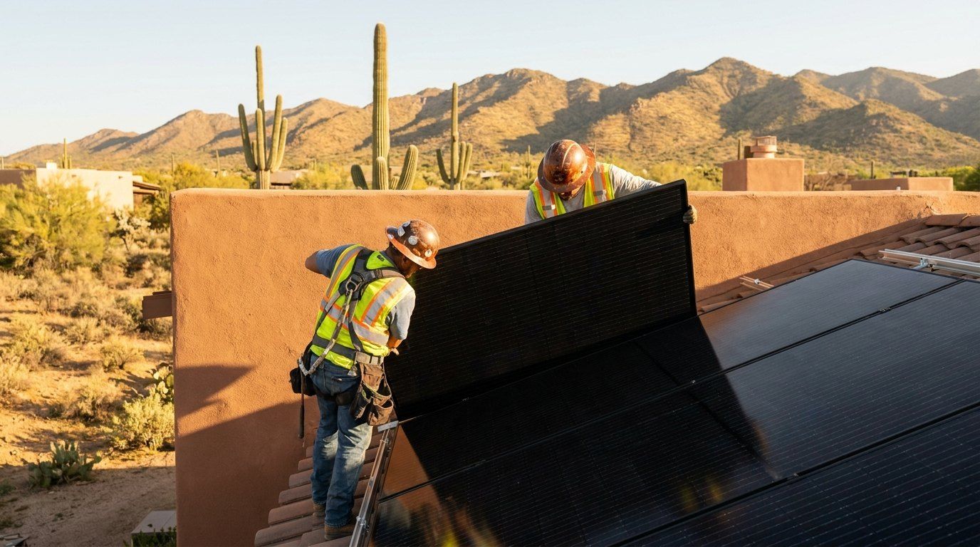 Solar panels being installed on a desert home roof