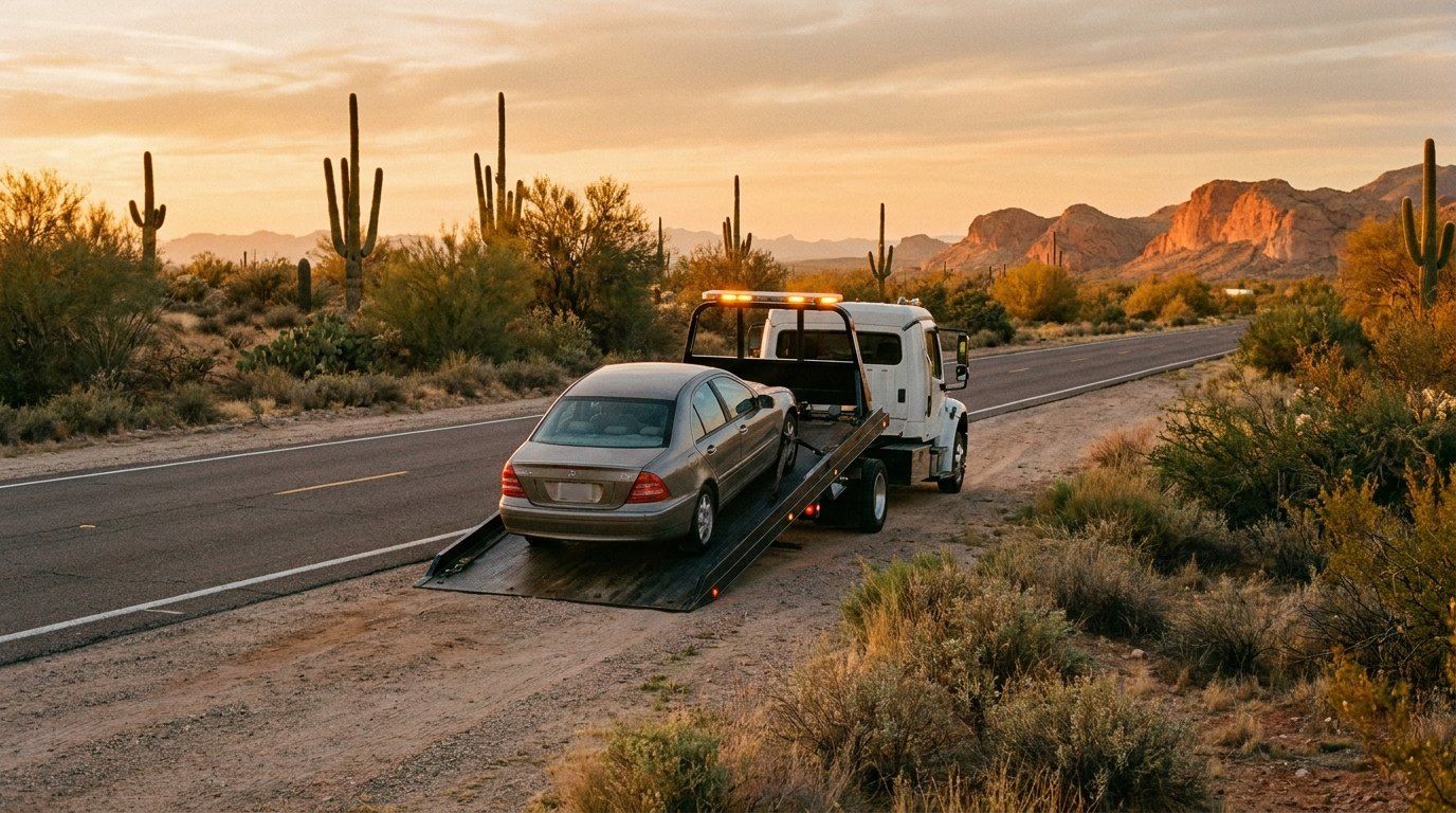 Tow truck loading a car on a desert road