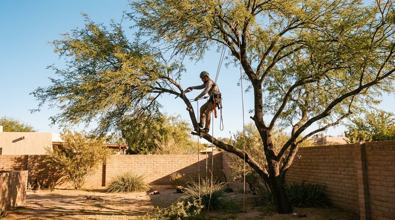 Arborist trimming a large mesquite tree