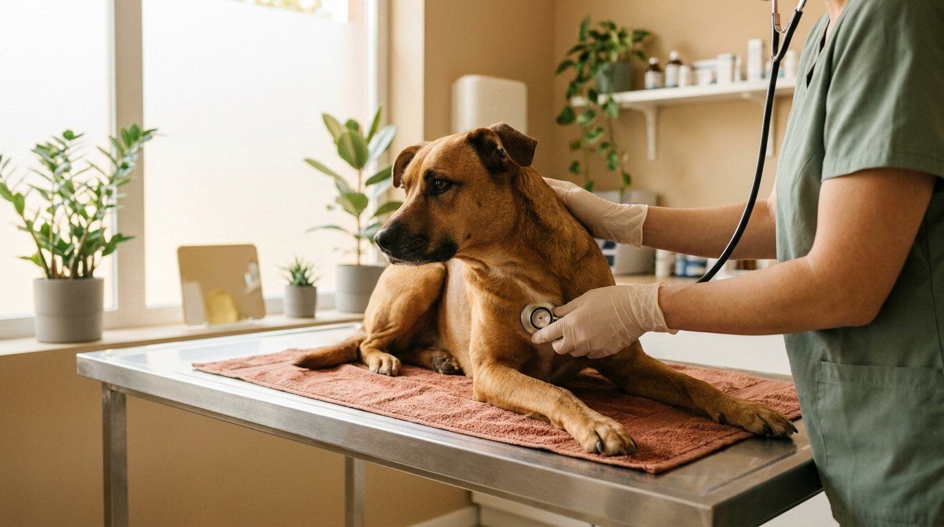 Veterinarian examining a dog on an exam table