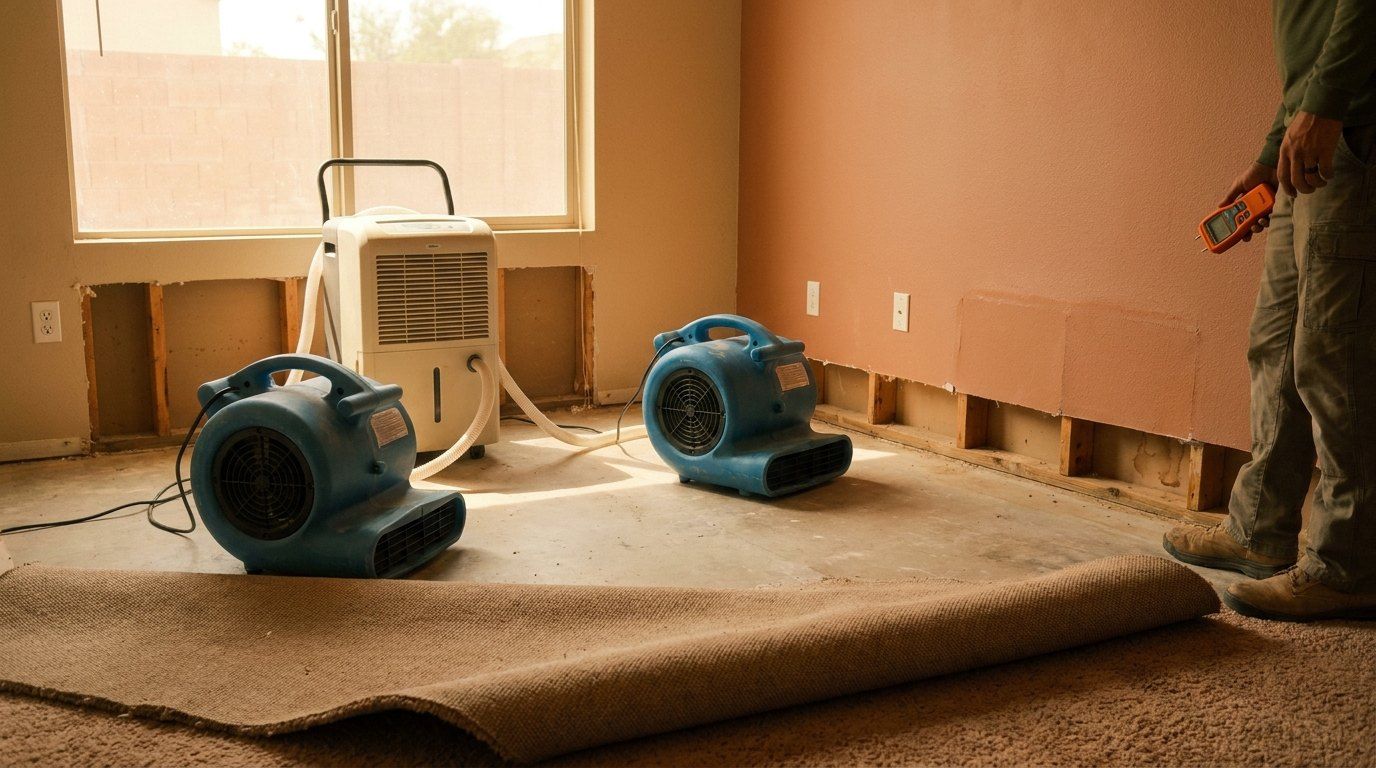 Drying fans and dehumidifier in a water damaged room
