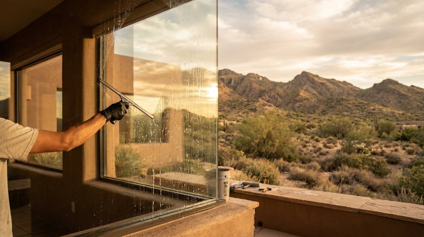 Window cleaner squeegeeing a sunny window