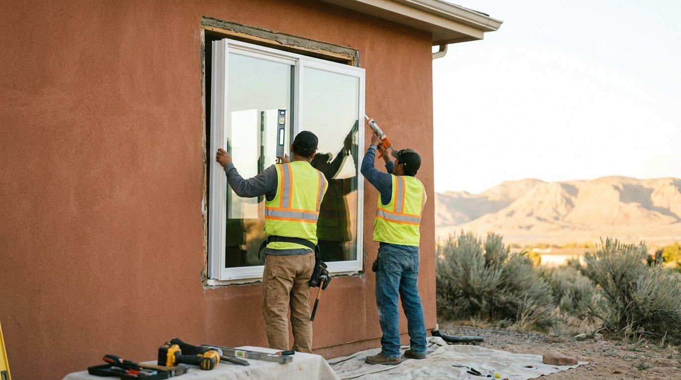 Installer fitting a new window in a stucco wall